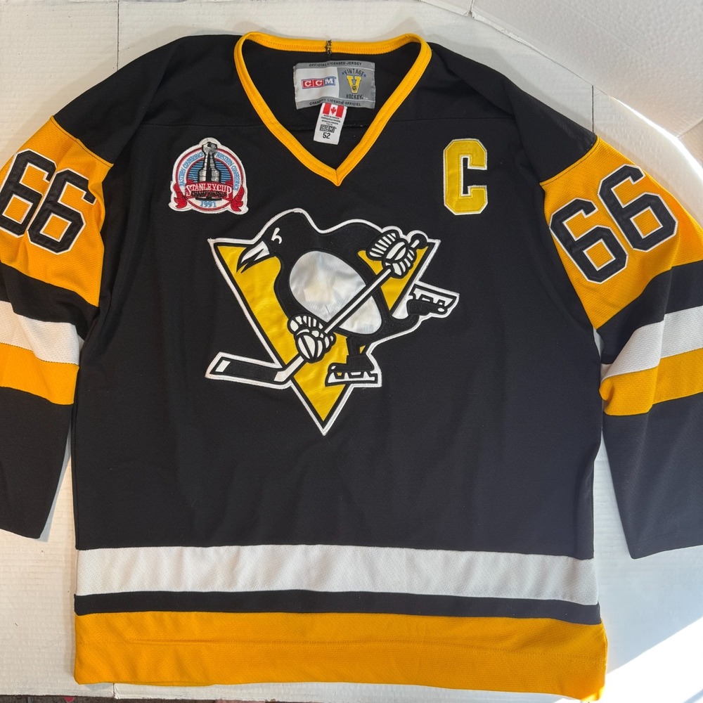 90s VTG Stanley Cup Pittsburgh Penguins Hockey Jersey Mario Lemieux #66 Size 52